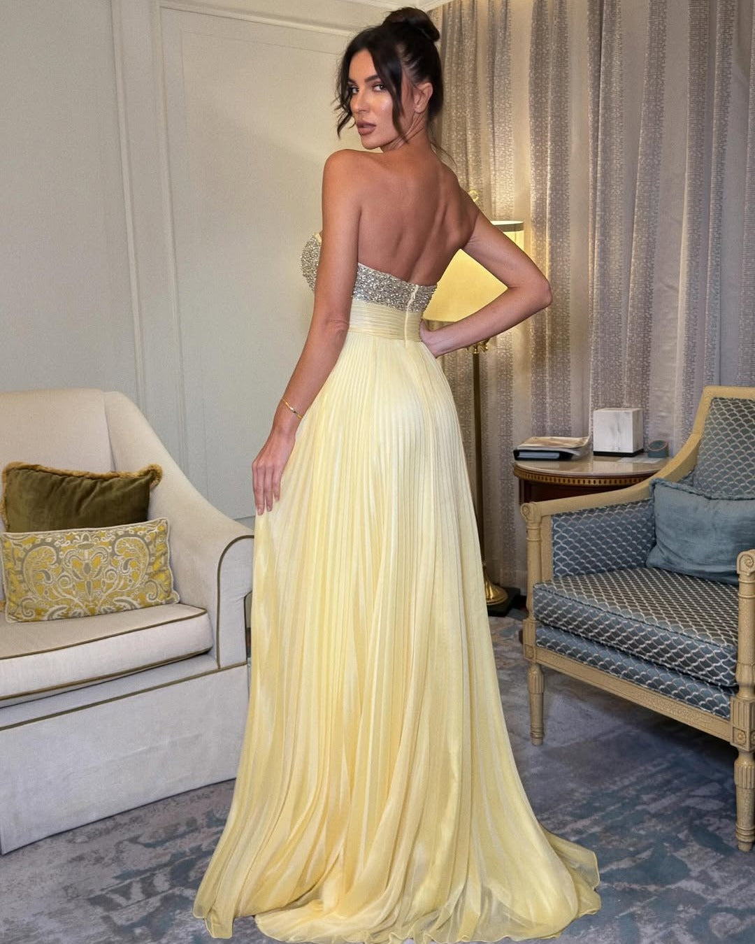 Sweetheart Sparkl Beaded Tulle A-Line Backless Yellow Evening Dress