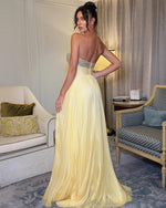 Sweetheart Sparkl Beaded Tulle A-Line Backless Yellow Evening Dress