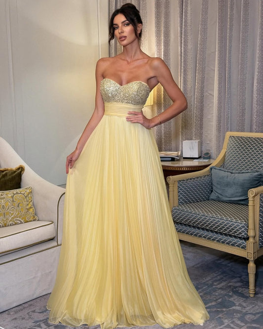 Sweetheart Sparkl Beaded Tulle A-Line Backless Yellow Evening Dress