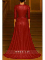 3/4 Sleeve O-Neck A-Line Bow Slit Evening Dress