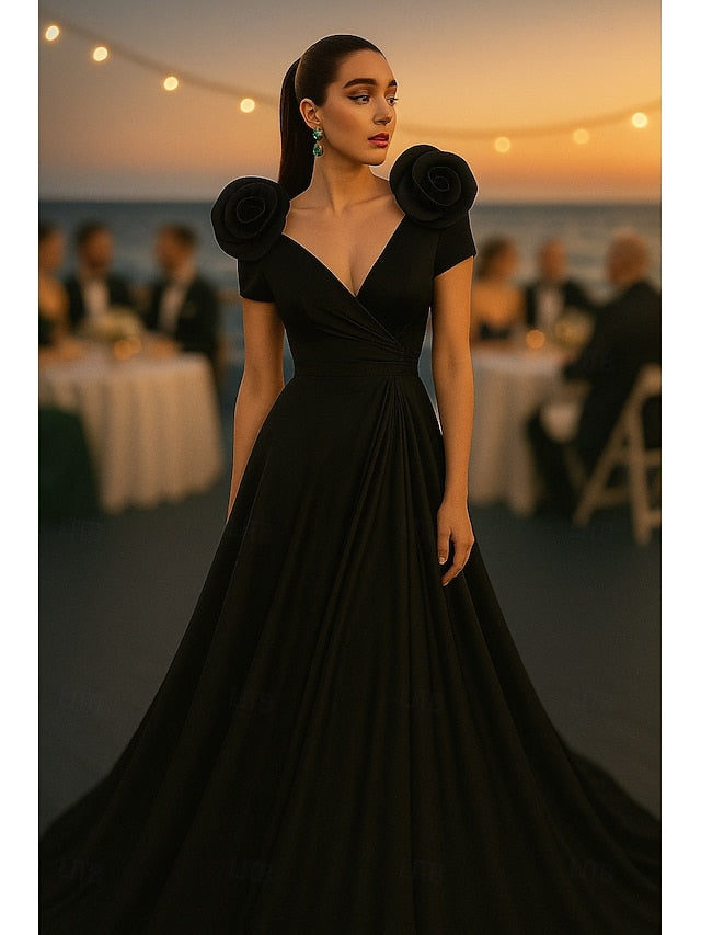 V-Neck Half-Sleeve Flowers A-Line Floor-Length Backless Evening Dress