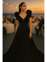 V-Neck Half-Sleeve Flowers A-Line Floor-Length Backless Evening Dress