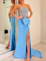 Split Strapless Mermaid Corset Prom Dresses with Side Bowknot