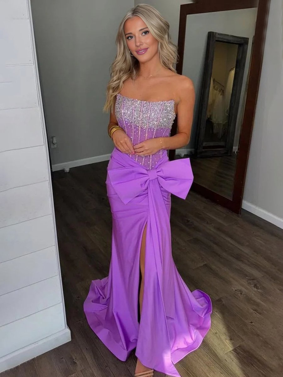 Split Strapless Mermaid Corset Prom Dresses with Side Bowknot