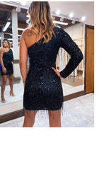 H1837 - Fitted One Shoulder Fully Sequined Beaded Fringe Short Homecoming Dress