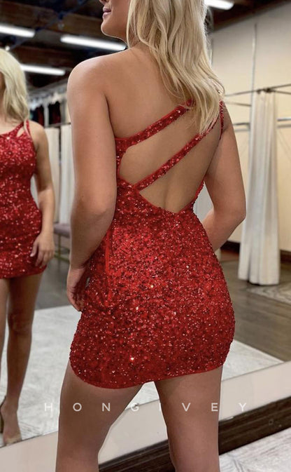 H1843 - Fitted One Shoulder Sequined Short Homecoming Dress