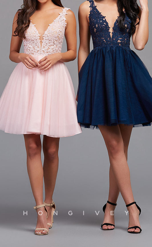 H1856 - V-Neck Bodice Gown A-Line High Waist Short Homecoming Dress