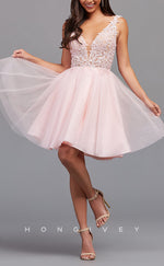 H1856 - V-Neck Bodice Gown A-Line High Waist Short Homecoming Dress