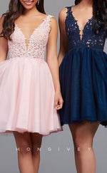 H1856 - V-Neck Bodice Gown A-Line High Waist Short Homecoming Dress