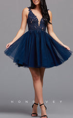 H1856 - V-Neck Bodice Gown A-Line High Waist Short Homecoming Dress