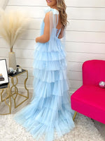 Light Blue Pleated Ruffle Prom Dress with Bow Tie Straps