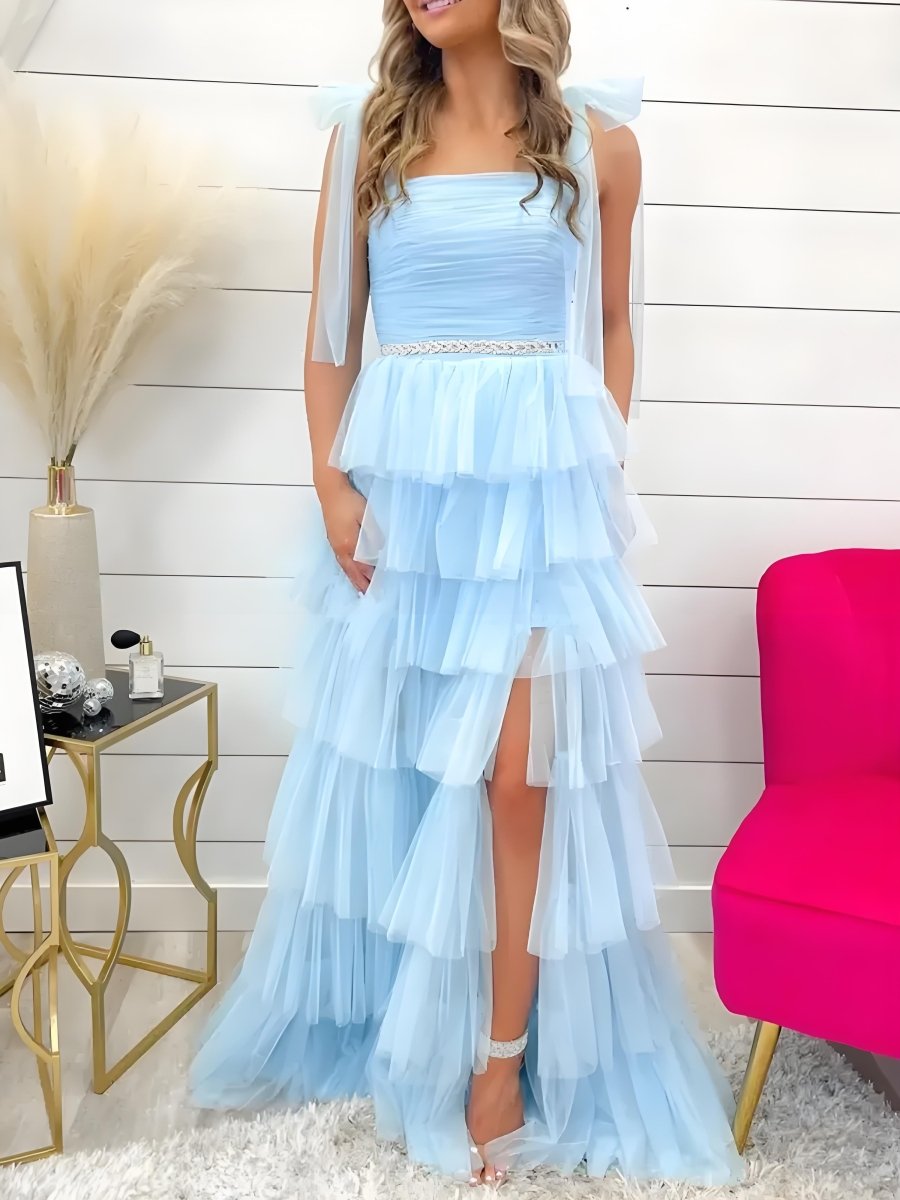 Light Blue Pleated Ruffle Prom Dress with Bow Tie Straps