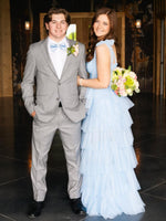 Light Blue Pleated Ruffle Prom Dress with Bow Tie Straps
