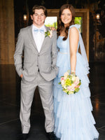 Light Blue Pleated Ruffle Prom Dress with Bow Tie Straps