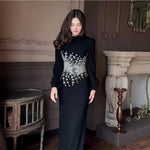 Black Elegant High Neck Long Sleeve Beaded Applique Mermaid Evening Dress
