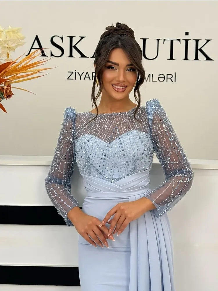 Lace Sequins Beaded Long Sleeveless Mermaid Evening Dress Formal Women