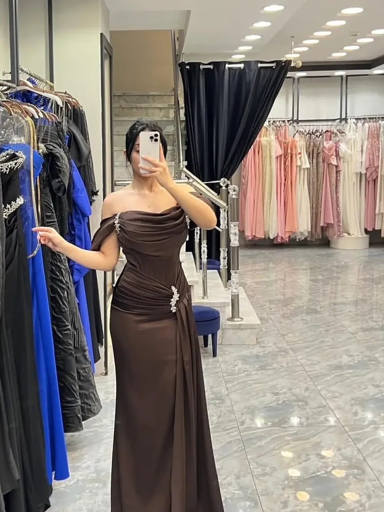 Off the Shoulder Beaded Sleeveless Mermaid Ruched Evening Dress Floor-Length