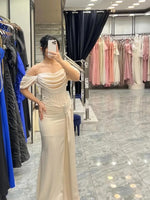 Off the Shoulder Beaded Sleeveless Mermaid Ruched Evening Dress Floor-Length