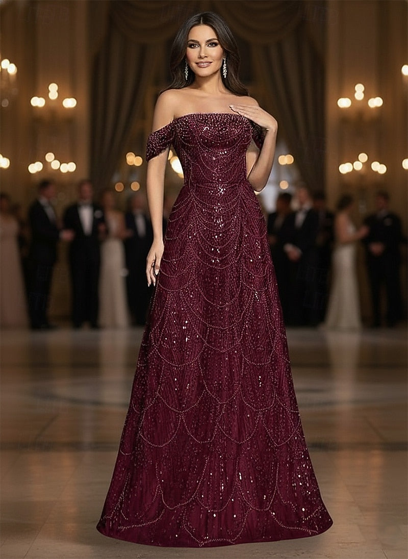 A-Line Floor-Length Off the Shoulder Glitter Evening Gowns with Beading