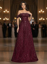 A-Line Floor-Length Off the Shoulder Glitter Evening Gowns with Beading