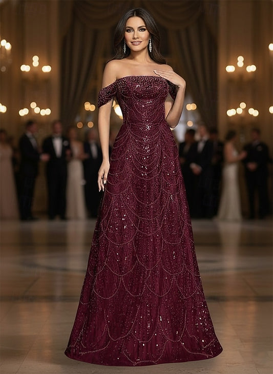 A-Line Floor-Length Off the Shoulder Glitter Evening Gowns with Beading