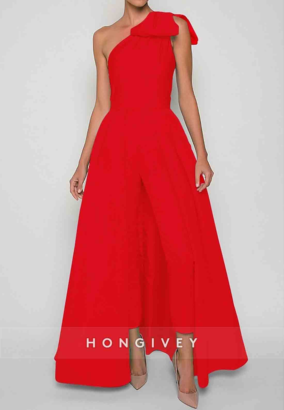 Sleeveless Jumpsuits Evening Gown Formal Wedding Guest One Shoulder Convertible Stretch Fabric with Bow(s) Pleats Overs