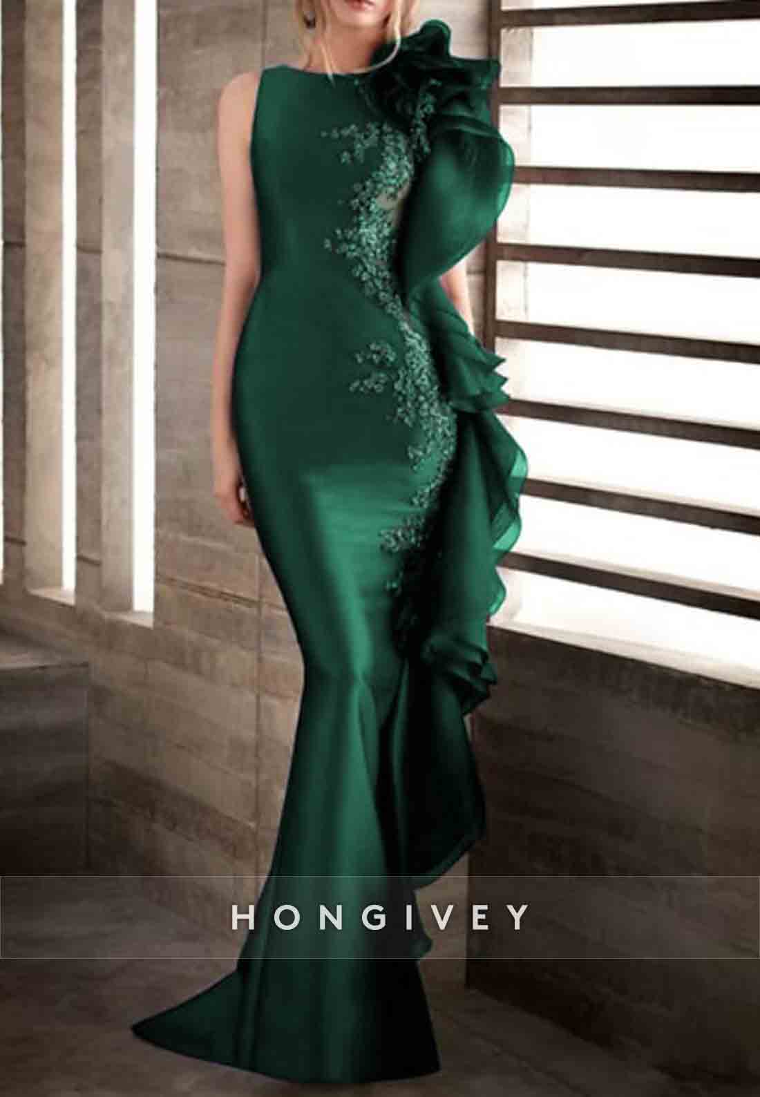 Sleeveless Satin Mermaid Floor-Length Appliqued Evening Gowns with Ruffles