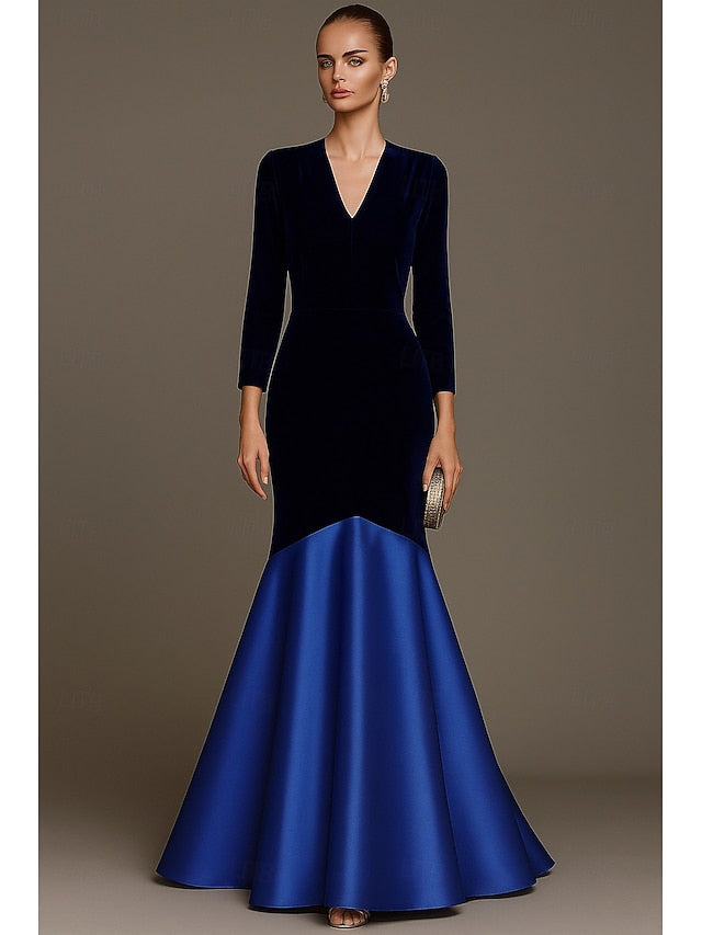 V-Neck Long Sleeve Mermaid Ruffle Evening Gown Mother of the Bride Dress