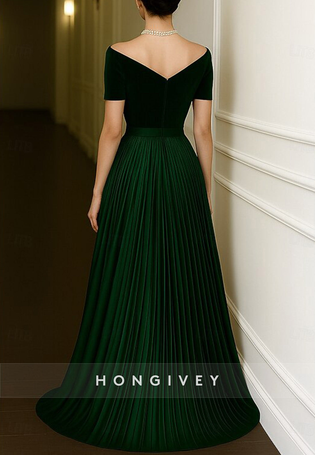 Velvet Off the Shoulder Short Sleeves A-Line Floor Length Evening Gown with Ruffles