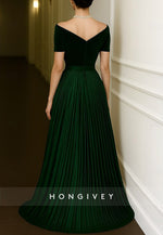 Velvet Off the Shoulder Short Sleeves A-Line Floor Length Evening Gown with Ruffles
