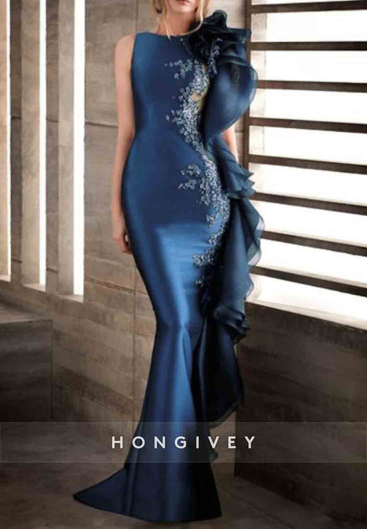 Sleeveless Satin Mermaid Floor-Length Appliqued Evening Gowns with Ruffles