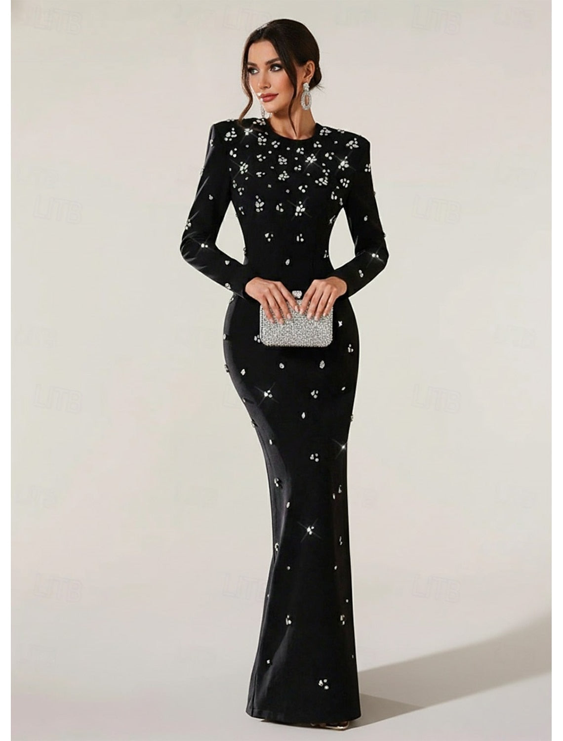 Long Sleeve Crew Neck Mermaid Floor Length Evening Gown with