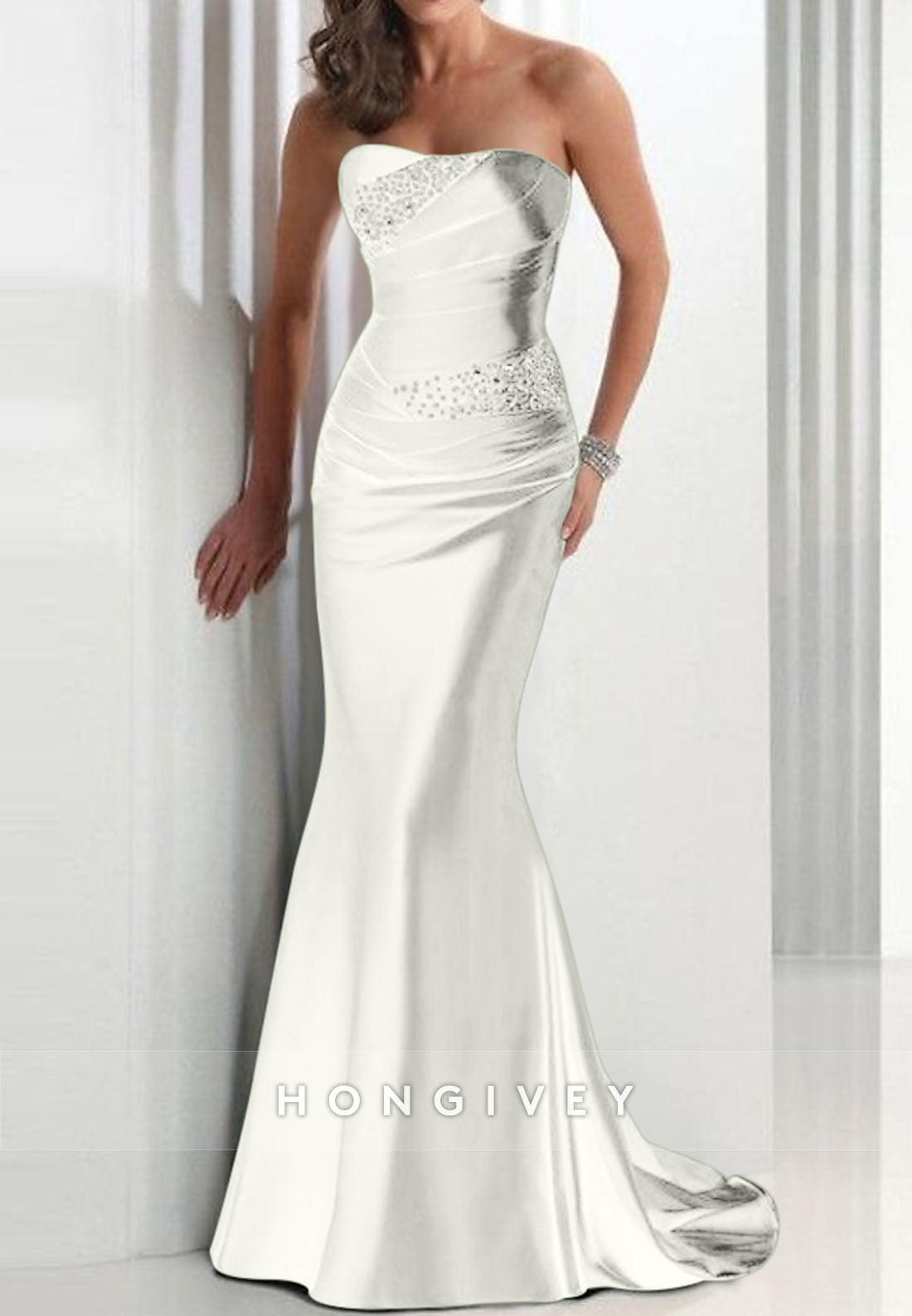 Sweep Train Trumpet Sweetheart Strapless Pleated Appliqued Evening Gowns