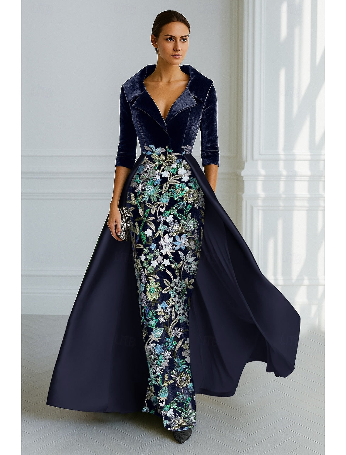 3/4 Sleeve V-Neck Flowers Floral Print Mermaid Evening Dress Floor-Length