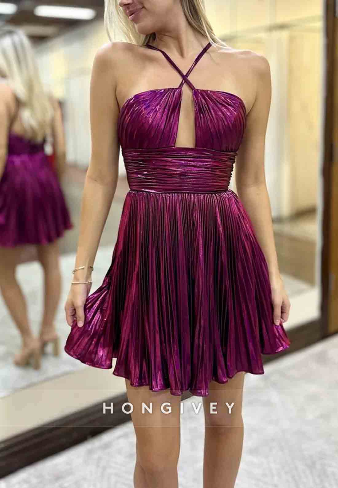 A-Line Halter Ruffles Sweetheart Pleated Sleeveless Short Homecoming Dresses