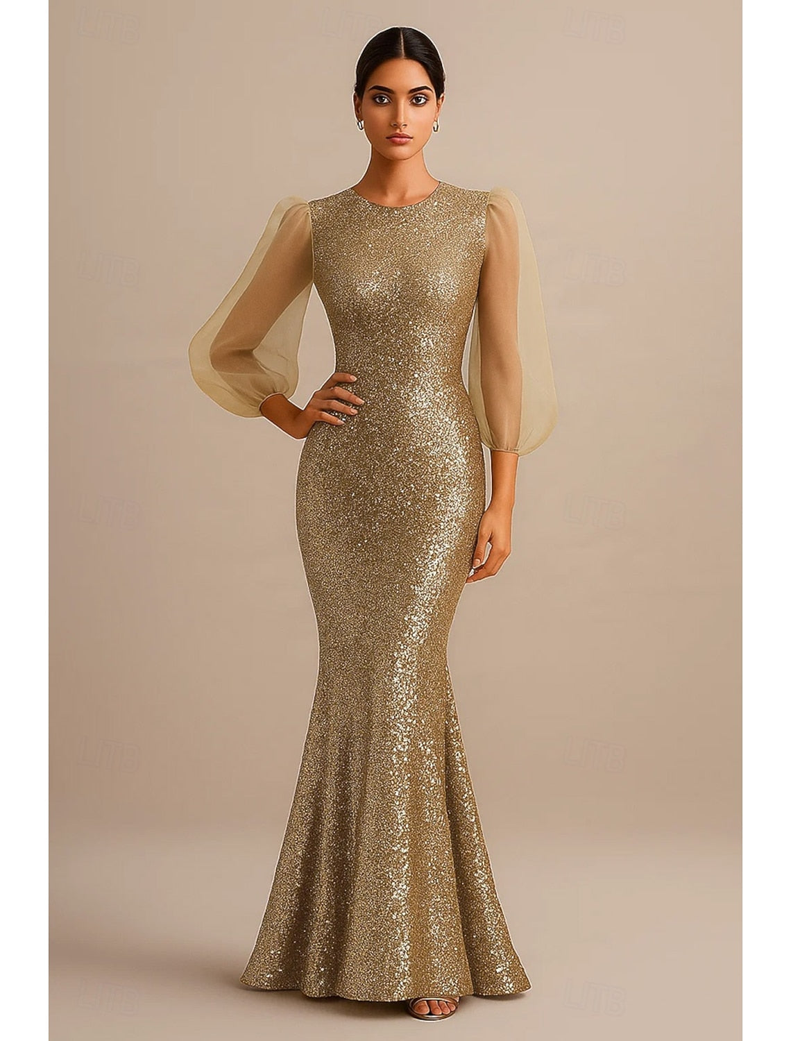 Glitter Sequins Sparkle Mermaid Long Sleeve Floor-Length Evening Dress