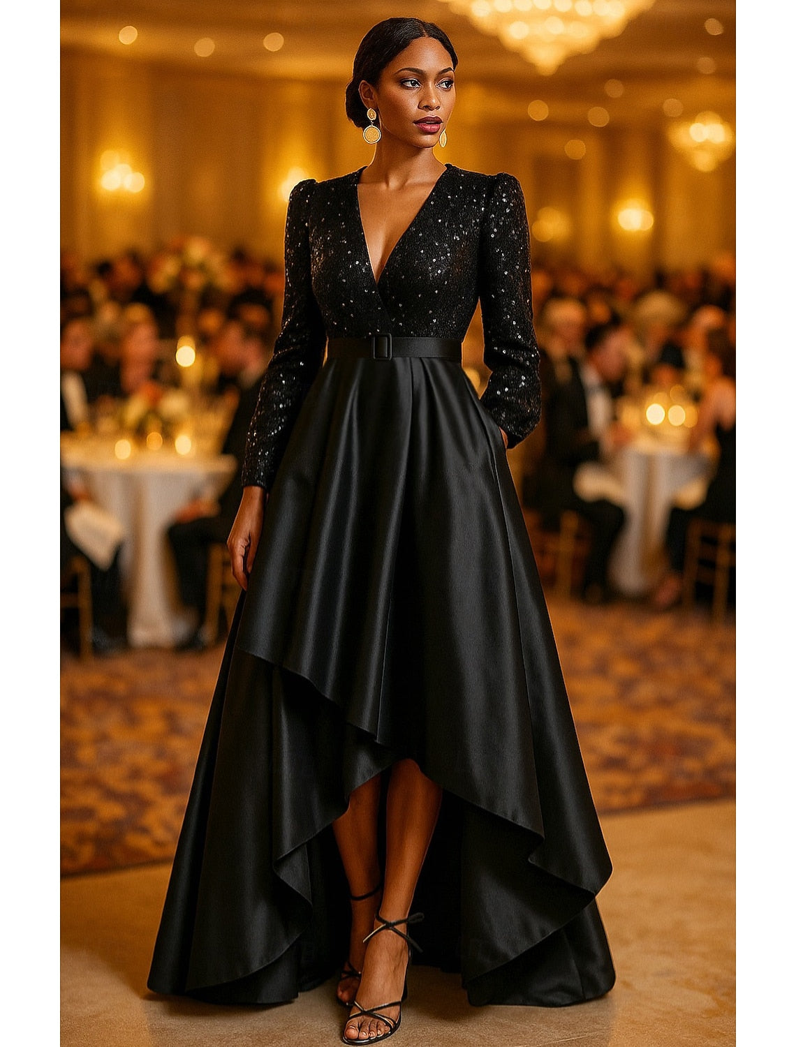 V-Neck Sequins Sparkle Long Sleeve A-Line Floor-Length Formal Evening Dress