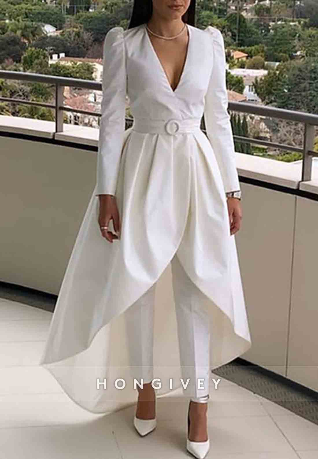Two Piece Pantsuit V Neck Long Sleeve Satin Tuxedo Evening Gown with Waistband