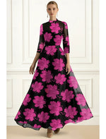 Floral Print Flowers 3/4 Sleeve A-Line Floor-Length Formal Evening Dress