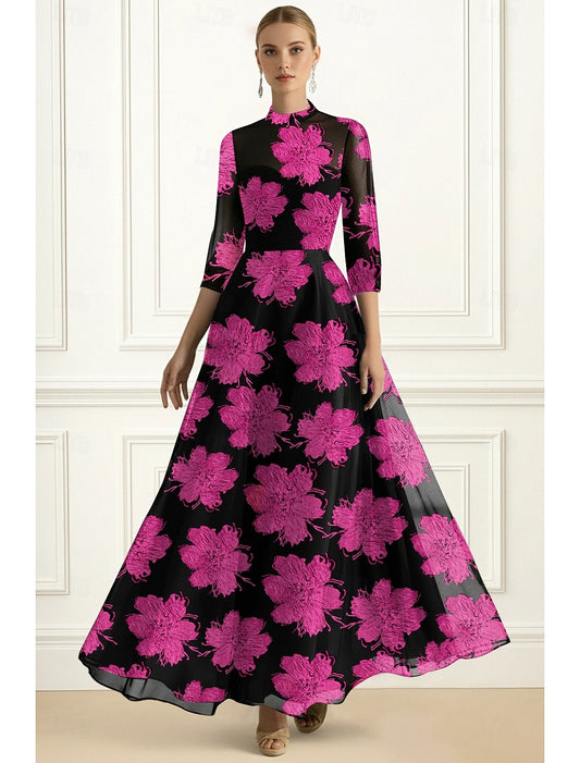 Floral Print Flowers 3/4 Sleeve A-Line Floor-Length Formal Evening Dress