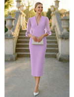 V-Neck Long Sleeve Mermaid Tea-Length Formal Evening Dress