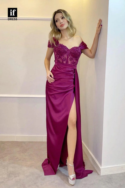 Square Neck Mermaid Applique Side Slit Floor-Length Prom Dress