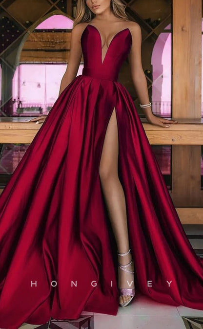 L1003 - Sexy Satin A-Line V-Neck Sleeveless Empire Ruched With Side Slit Train Party Evening Prom Formal Dress