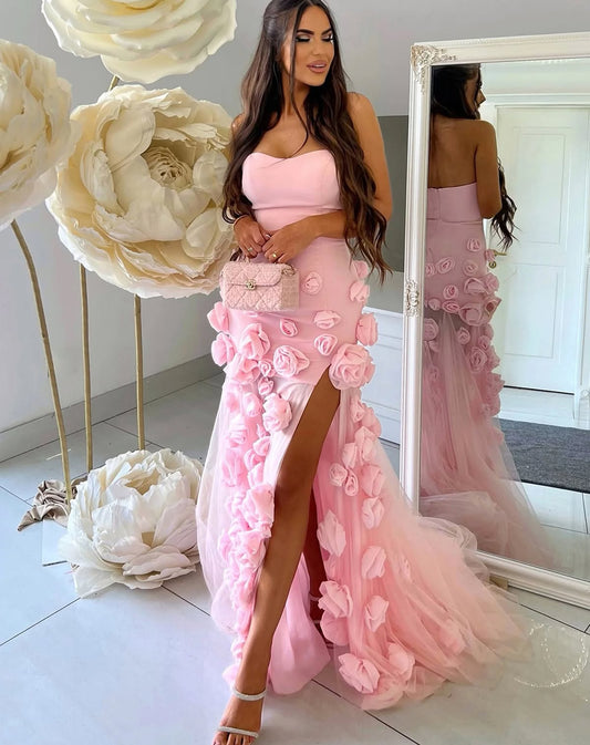 L2991 - Chic A-Line Sweetheart Strapless Floral Embossed Long Prom Dress