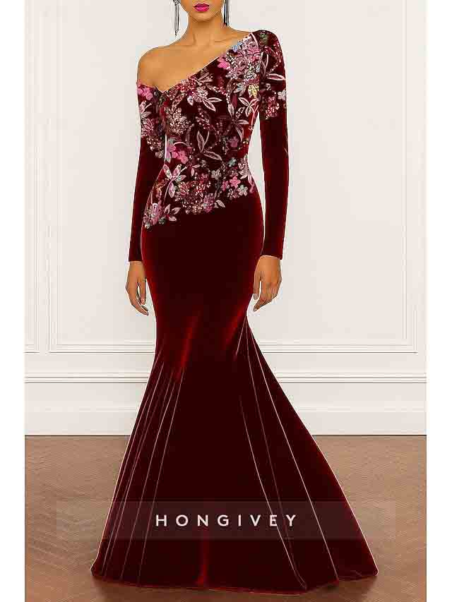 One Shoulder Mermaid Long Sleeve Appliqued Evening Dress