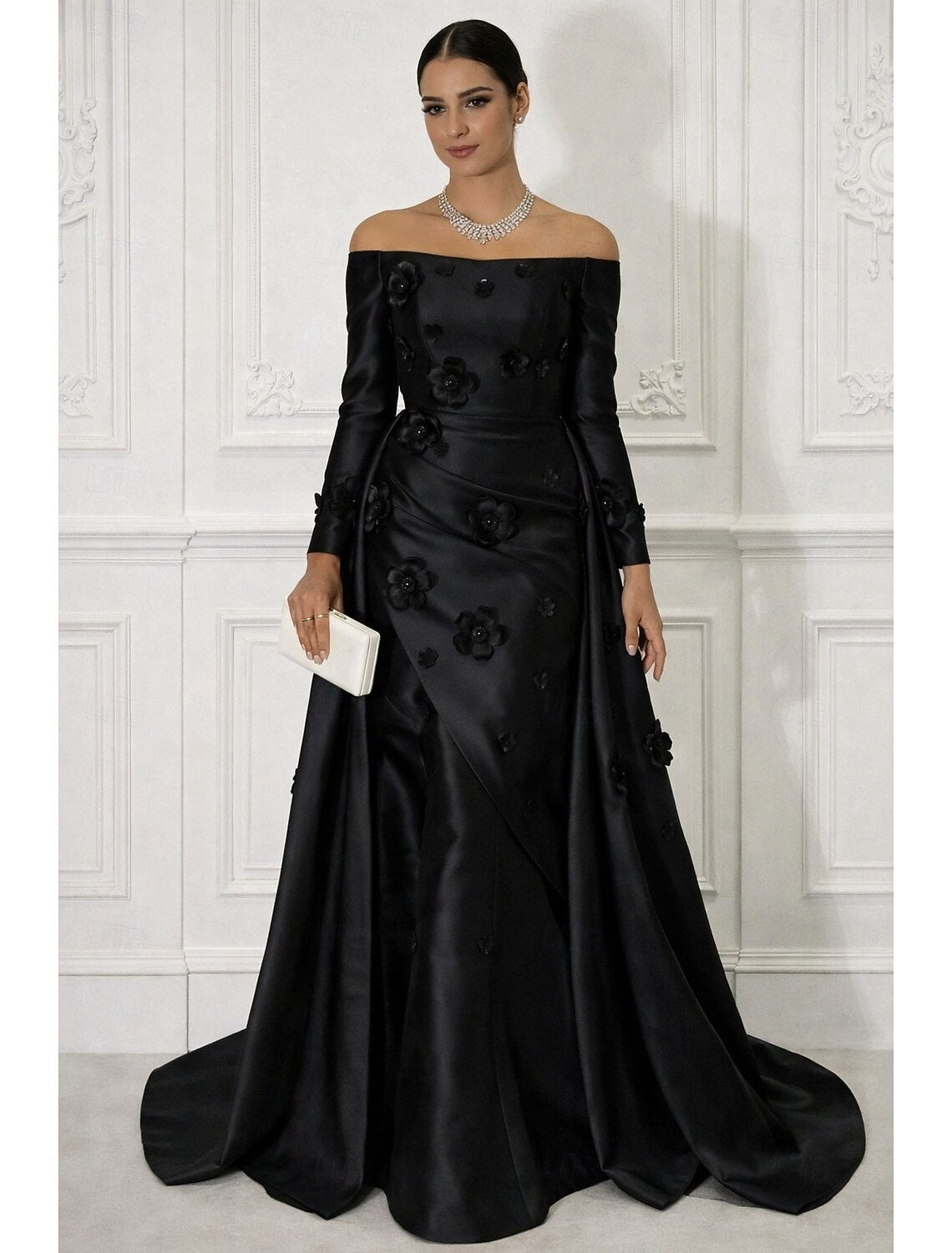 Off the Shoulder Long Sleeve Flowers Mermaid Court Train Evening Dress