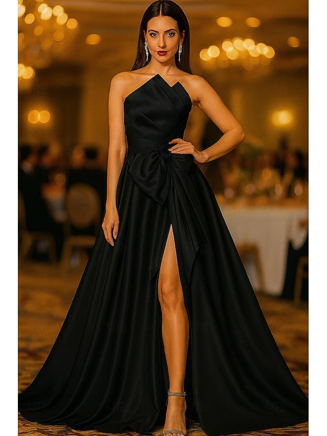 Bow Sleeveless A-Line Side Slit Flormal Evening Dress