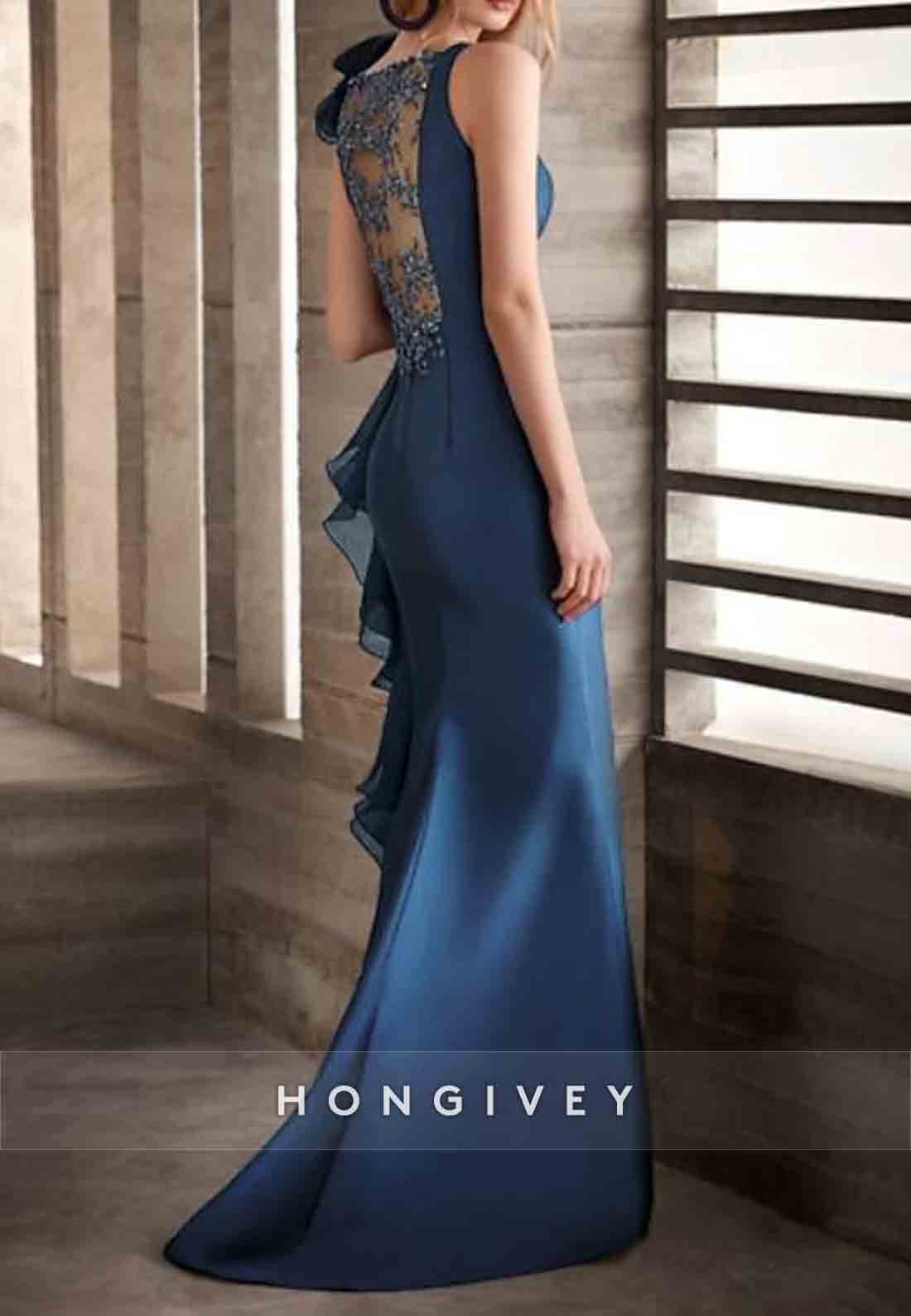 Sleeveless Satin Mermaid Floor-Length Appliqued Evening Gowns with Ruffles