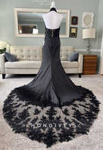 Halter Neck Lace Pleated Open Back Mermaid Black Wedding Dresses with High Slit
