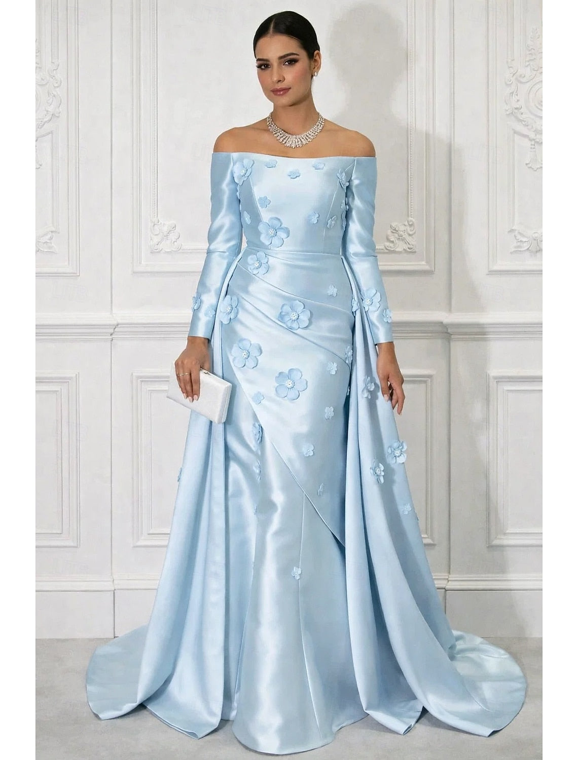 Off the Shoulder Long Sleeve Flowers Mermaid Court Train Evening Dress